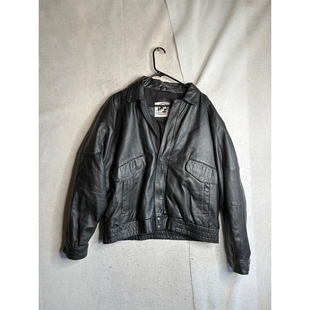 VTG Saddlery Mens Black Genuine Leather Bomber Jacket XL Flight Pilot Coat